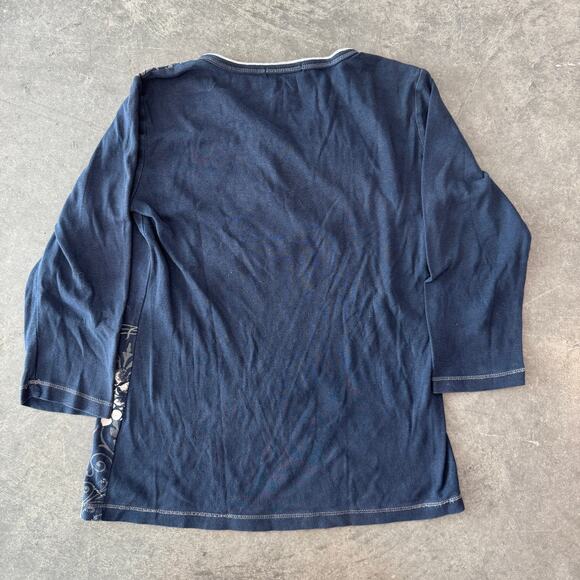 Vintage Y2K Mcbling Rhinestone Graphic Black Floral Henley Women's Small Tee - Picture 3 of 5